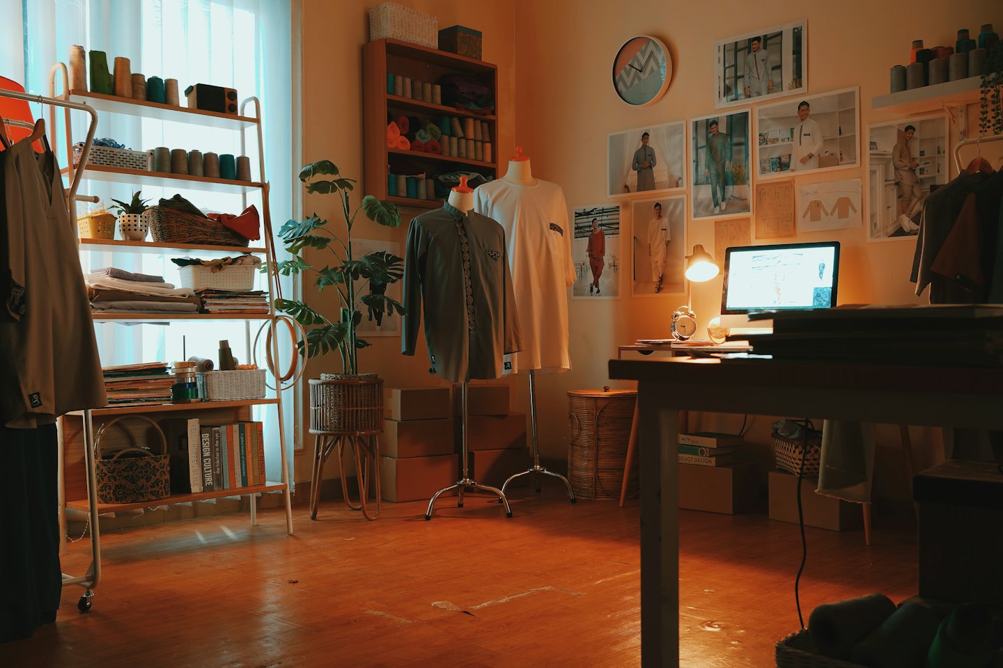 Mannequins and supplies fill a bright fashion design studio.