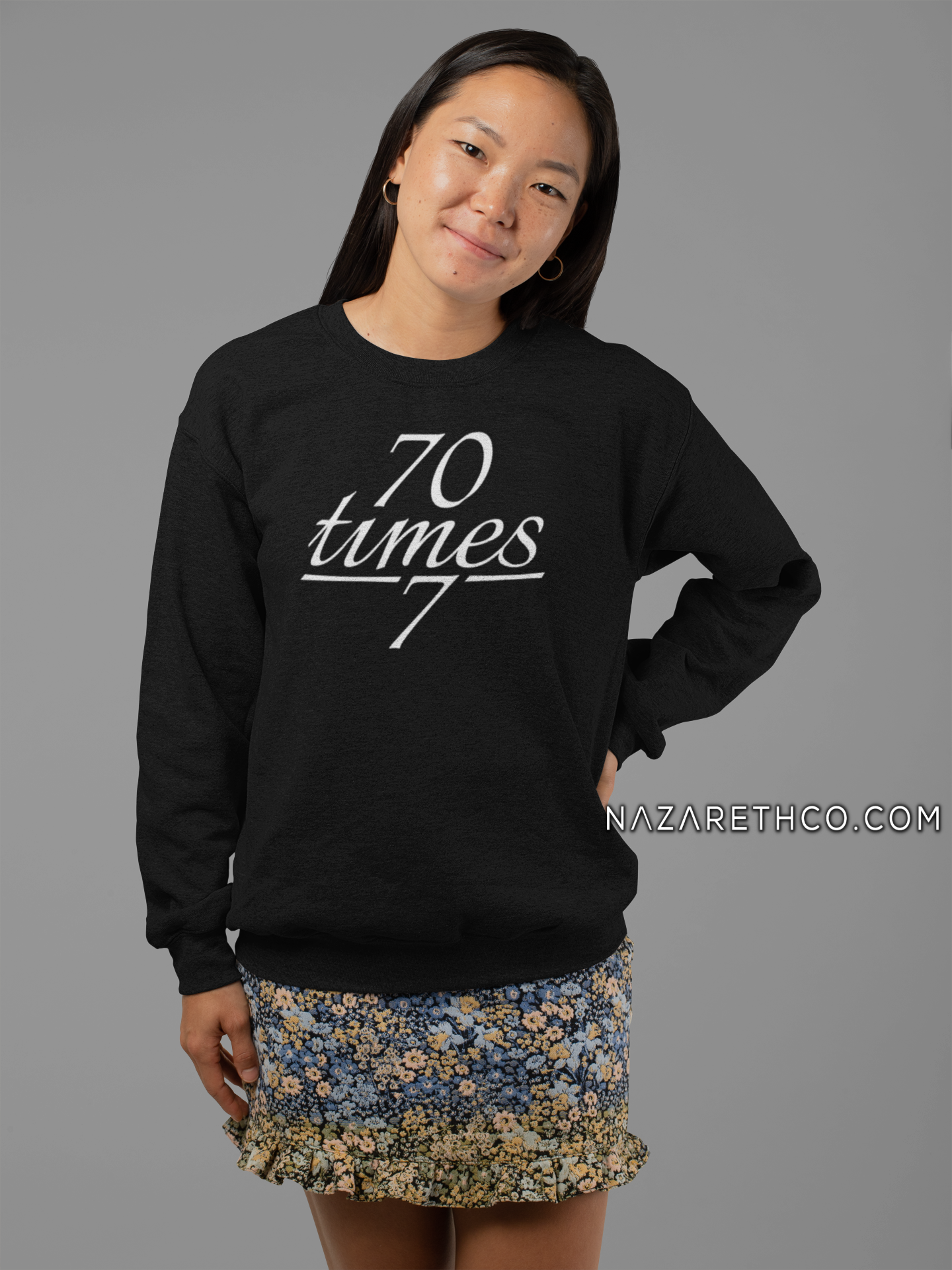 Model in Nazareth Clothing sweatshirt